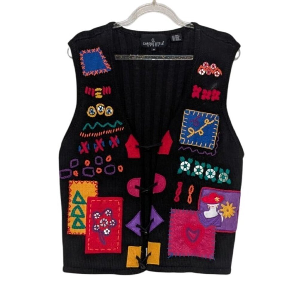 Vintage Embroidered Sweater Vest Womens Size Medium Black Toggle Embellished